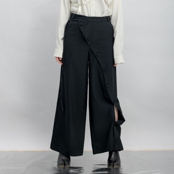 INF 不對稱單腿開岔綁帶印花寬褲 / 黑