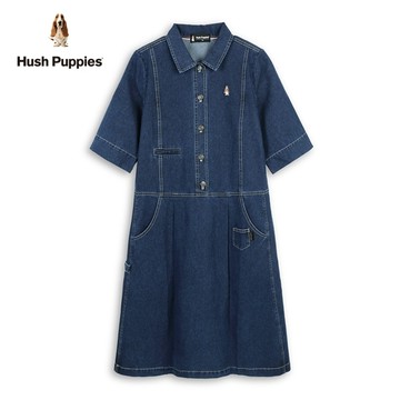 Hush Puppies 洋裝 女裝半開襟刺繡小狗五分袖牛仔洋裝