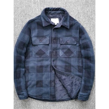 歐美外貿 加厚羊羔絨男士格子長袖襯衫 秋冬保暖戶外休閑襯衣外套