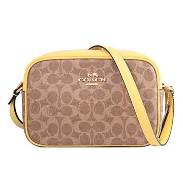 COACH CZ186 Jamie 馬車LOGO滿版印花斜背相機包.駝/黃邊