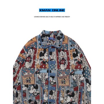 Xman美式復古卡通印花翻領情侶夾克男女秋冬vintage小眾設計外套