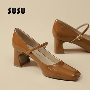 法式瑪麗珍女鞋高跟方頭不累腳配裙子少女學生一字扣帶粗跟單鞋