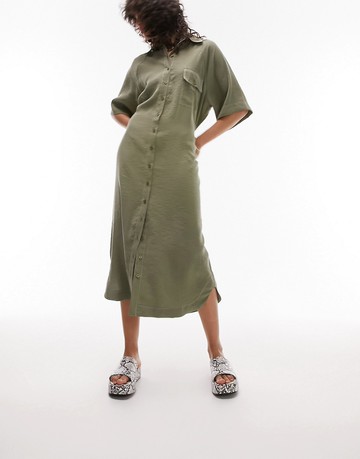Topshop oversized topstitch midi shirtdress in khaki-Green