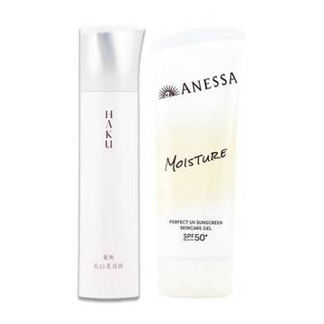 【SHISEIDO 資生堂】驅黑保濕防曬組（HAKU驅黑淨白露IV 45g + 安耐曬膠原保濕防曬水凝乳 90g）