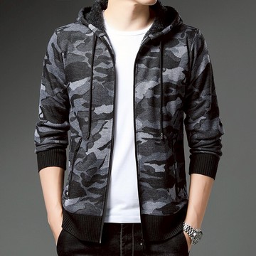 加絨加厚毛衣外套中青年男士迷彩針織衫連帽夾克韓版潮流休閑上衣