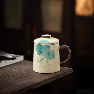 可小批量定制米黃汝窯茶杯過濾辦公杯茶水分離杯帶蓋子水杯伴手禮