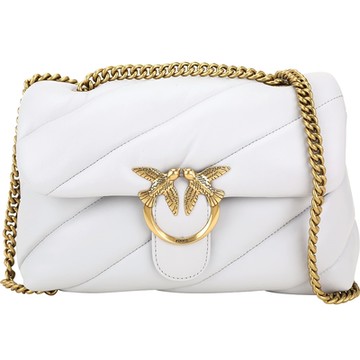 PINKO Love Birds 燕子銀釦絎縫納帕羊皮鍊帶肩/斜背包(淺灰色)