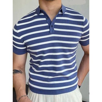 2023夏季新款翻領針織衫藍色條紋商務男士polo衫短袖Men T-Shirt