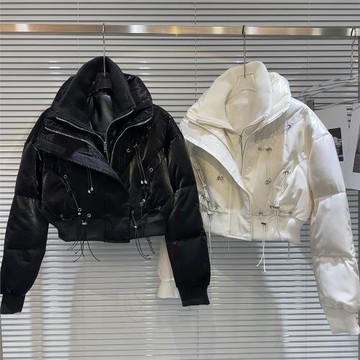 【現貨】2025冬季新款小眾辣妹抽繩綁帶雙層領亮面保暖羽絨服外套