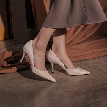 細條波紋-尖頭細高跟-白色