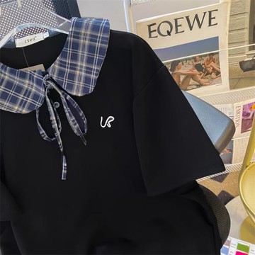 CSVQ原創格子拼接娃娃領字母刺繡polo衫女黑色設計感洋氣短袖t恤