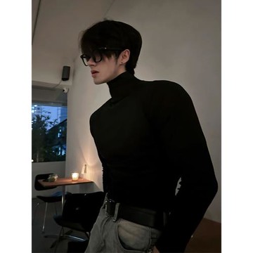 黑色半高領德絨打底衫男秋冬季美式正肩修身長袖t恤痞帥內搭衛衣