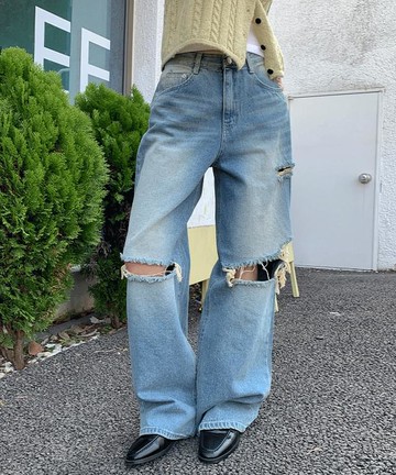韓國空運 - Let Me Damage Wide Denim Pants 牛仔褲