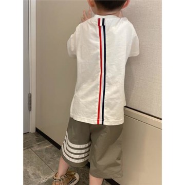 男童套裝兒童條紋短袖織帶純棉T恤短褲25夏新款洋氣T恤中大童潮