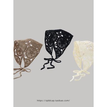 手工勾針花朵包頭巾法式復古三角巾女網紅鏤空森林系發帶頭帶發箍