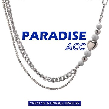 PARADISE 愛心珍珠 拼接雙層 項鍊 粗款 歐美 冷淡風