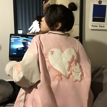 日系愛心小熊外套女秋冬新款加絨加厚百搭棒球服寬松上衣ins