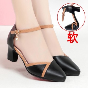 一字扣涼鞋女夏季新款中跟百搭粗跟高跟鞋女包頭媽媽工作單鞋