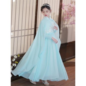 兒童漢服女童古箏旗袍中國風中大童春秋款雪紡長袖批風走秀演出服
