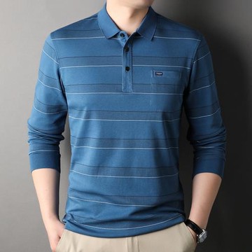 彩文羊體袖t恤男真口袋上衣春秋季高端打底POLO衫男士條紋棉體桖