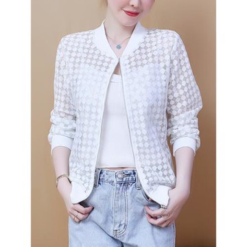 蕾絲防曬衣女夏季新款網紗長袖薄上衣休閑短外套百搭棒球服小開衫
