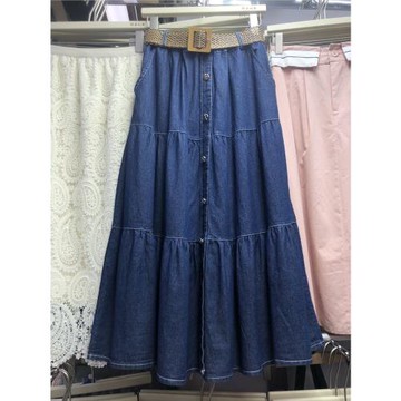 歐貨時髦松緊腰單排扣中長牛仔半身裙女夏季薄款百搭a字大擺裙潮