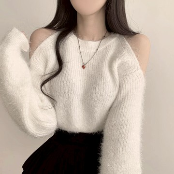 【太妮絲WA25】韓系 小心機微露肩・雲霧水貂絨針織上衣 針織上衣 針織衫 水貂毛 保暖 毛毛上衣 針織毛衣 韓國
