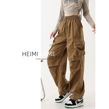卡其色抽繩工裝褲女春夏秋美式設計感闊腿褲高腰寬松降落傘褲子潮