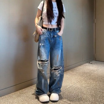 【隔日到貨】S-3XL 復古高腰破洞彎刀牛仔褲 藍色牛仔褲 春夏闊腿褲 梨形身材神褲 修身直筒褲 破洞褲 大碼牛仔褲