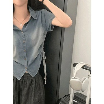 Codibook｜韓國 sugar powder 波浪感刷舊風格綁帶短袖襯衫［預購］短袖上衣 女裝