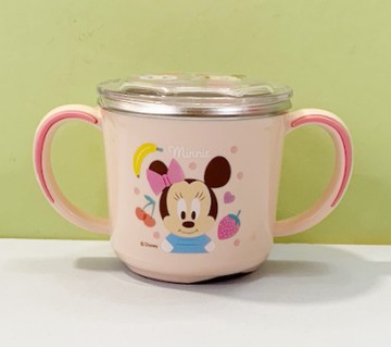【震撼精品百貨】Micky Mouse_米奇/米妮 ~迪士尼兒童不銹鋼雙耳把杯附蓋-粉米妮#04932