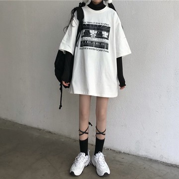 春秋新款寬松中長款下衣失蹤古著感內搭打底短袖T恤女裝