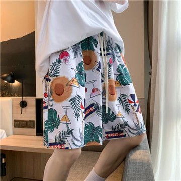 夏威夷度假風冰絲休閑短褲男夏季ins情侶沙灘褲寬松潮流五分褲子