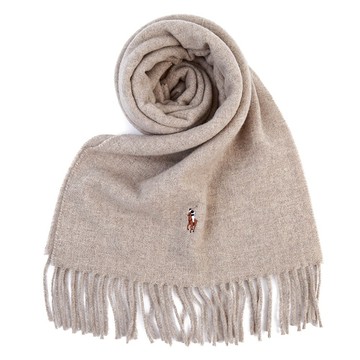 POLO Ralph Lauren刺繡小馬雙側流蘇羊毛圍巾(燕麥色)780941-1｜GoBrand購名牌
