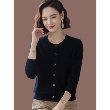 春秋新款黑色羊毛衫外套圓領寬松媽媽開衫女毛衣長袖針織大碼上衣