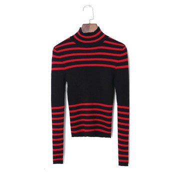 春季女裝時尚韓版撞色條紋優雅半高領套頭長袖修身顯瘦針織衫