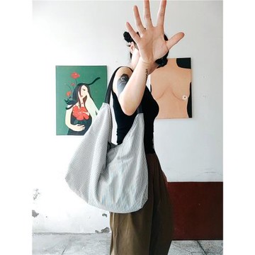 原創女包 文藝慵懶大容量單肩布包條紋大布包 復古ins風 隨性布包