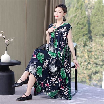 【韓國K.W.】現貨手感柔軟藏青綠葉棉綢居家服睡衣(棉綢 洋裝 吊帶 連身裙 寬鬆  居家 休閒)