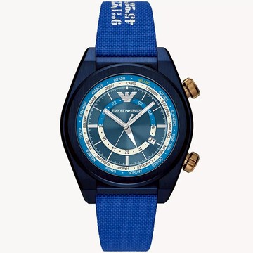 ［商務休閒風 下單送行動電源］EMPORIO ARMANI 亞曼尼 雙時區蔚藍帆布手錶-43mm(AR11564)