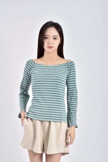 (M) genquo棉質條紋綠色長袖上衣