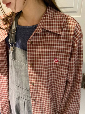 Heart Logo Overfit Check Shirt (wine)