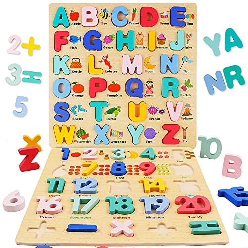幼児のための木製パズル2パック特大の木製ABCアルファベット番号形状