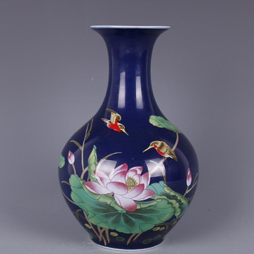 清乾隆藍地粉彩荷花花鳥玉壺春瓶仿古中式家居瓷器擺件古董古玩1入