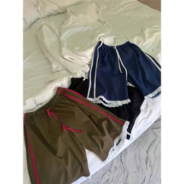 Unique SEI 韓版街頭簡約花邊線條小眾設計甜酷寬松中褲休閑短褲