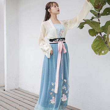 中國風學生日常漢元素刺繡對襟開衫短褙子吊帶齊腰長裙漢服套裝女1入