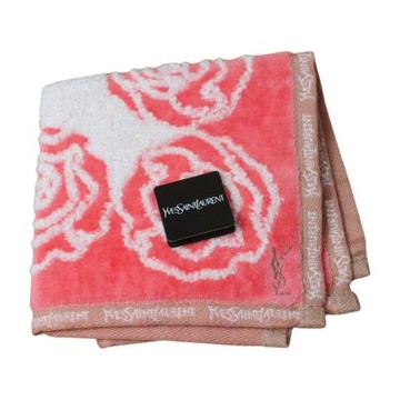 YSL 優雅玫瑰圖案品牌字母刺繡圖騰小方巾(粉色系/25CM)