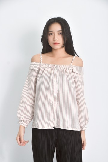 (S) 質感吊帶條紋粉色長袖上衣