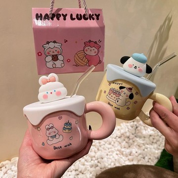 【臺灣-出貨】蛋糕小兔吸管杯ins高顏值卡通狗陶瓷馬克杯送人男女朋友生日禮物ADA9