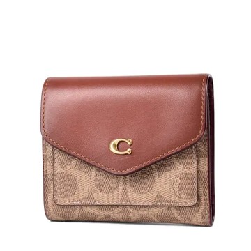 COACH 專櫃款 經典緹花LOGO防刮三折信封短夾-卡其色