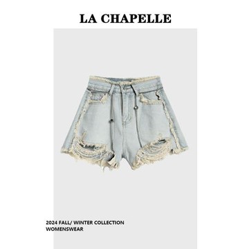 拉夏貝爾美式復古毛邊設計感寬松顯瘦時尚百搭牛仔短褲女夏季新款